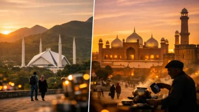 Islamabad vs Lahore skyline at sunset showing Faisal Mosque with Margalla Hills and Lahore’s Badshahi Mosque and Fort