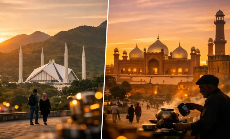 Islamabad vs Lahore skyline at sunset showing Faisal Mosque with Margalla Hills and Lahore’s Badshahi Mosque and Fort