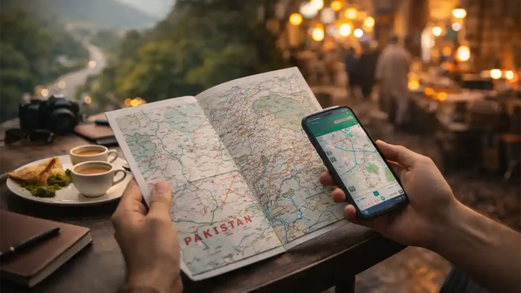 Traveler holding a Pakistan map and navigation phone with chai and samosas, symbolizing choosing between Islamabad vs Lahore
