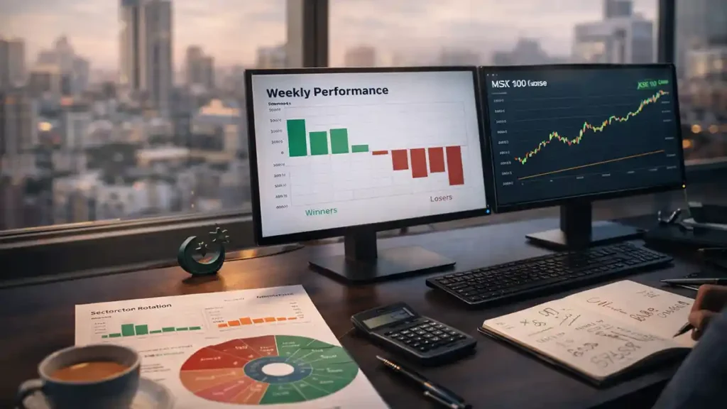 Trading desk with dual monitors showing KSE-100 weekly line chart and winners vs losers bars, illustrating Pakistan Stock Exchange weekly market performance.
