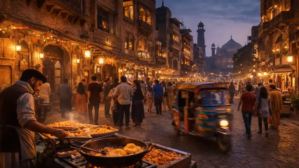 Evening street scene in Lahore Walled City with heritage buildings, food vendor, colorful rickshaw, and Badshahi Mosque silhouette in Pakistan