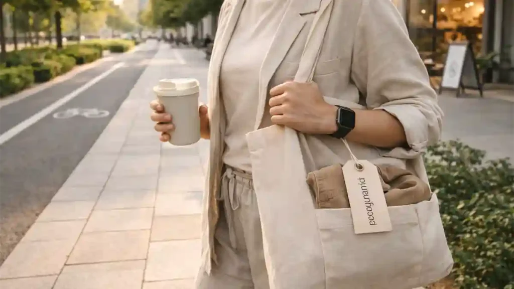 Person walking in a modern city near a park with a reusable coffee cup, smartwatch, and tote bag holding secondhand clothing–Lifestyle Trends 2026.