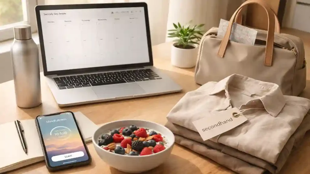 Minimalist desk setup with laptop planner, smartphone mindfulness app, reusable bottle, healthy yogurt bowl, secondhand outfit tag, and mini travel tote–Lifestyle Trends 2026.