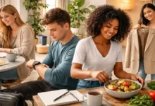 Friends in a modern home using a smartwatch for wellness tracking, journaling, preparing healthy food, and showing secondhand fashion–Lifestyle Trends 2026.