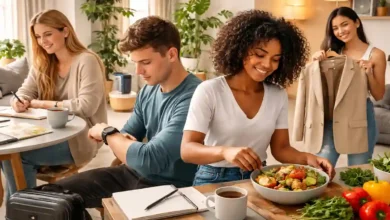 Friends in a modern home using a smartwatch for wellness tracking, journaling, preparing healthy food, and showing secondhand fashion–Lifestyle Trends 2026.