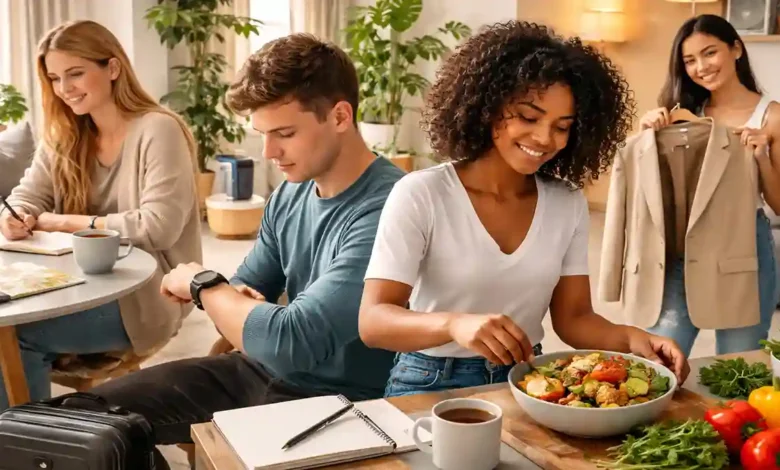 Friends in a modern home using a smartwatch for wellness tracking, journaling, preparing healthy food, and showing secondhand fashion–Lifestyle Trends 2026.
