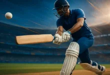 Cricketer practicing a batting stroke in a professional stadium with dynamic motion effects and realistic lighting