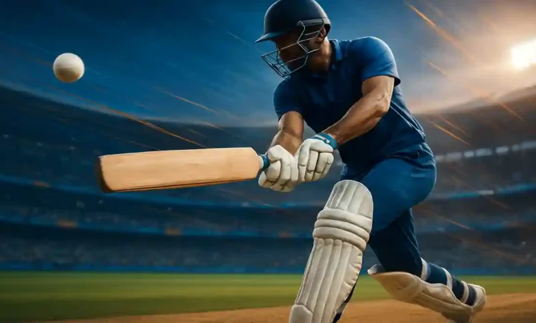 Cricketer practicing a batting stroke in a professional stadium with dynamic motion effects and realistic lighting