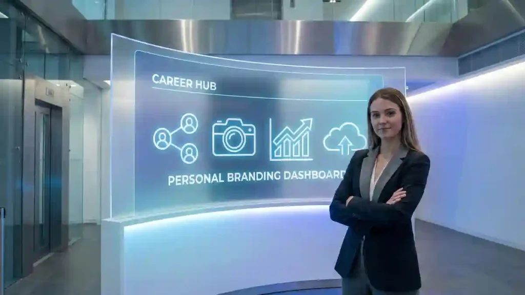 Professional woman with digital branding graphics in the background, symbolizing modern personal branding and career advancement.