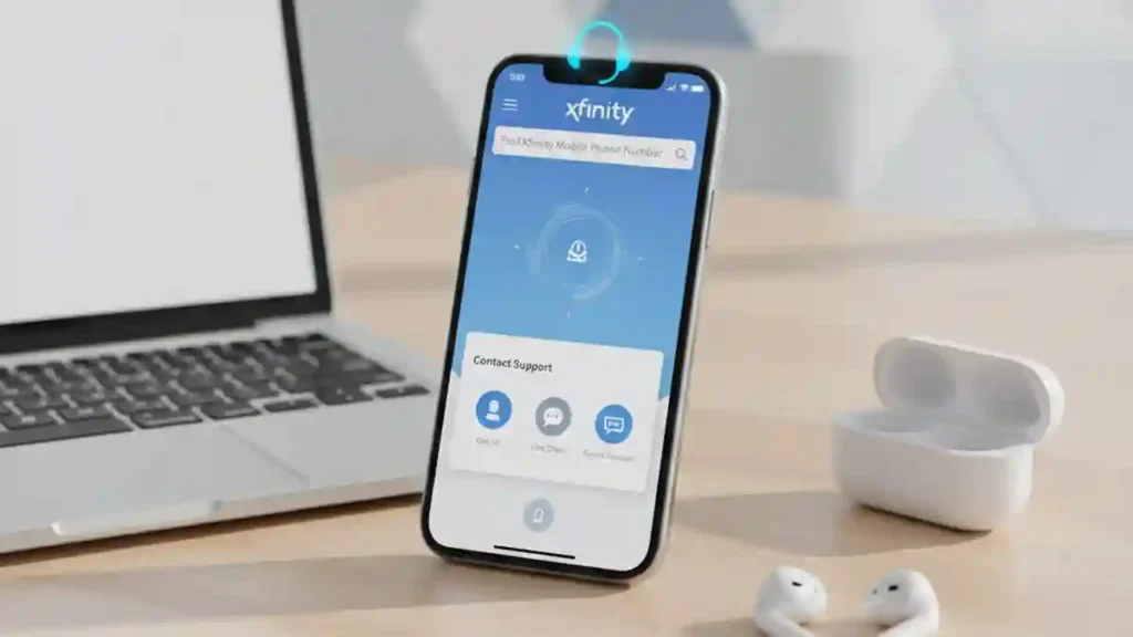 Smartphone displaying mobile customer support icons on a modern blue-lit workspace with keyboard and earbuds