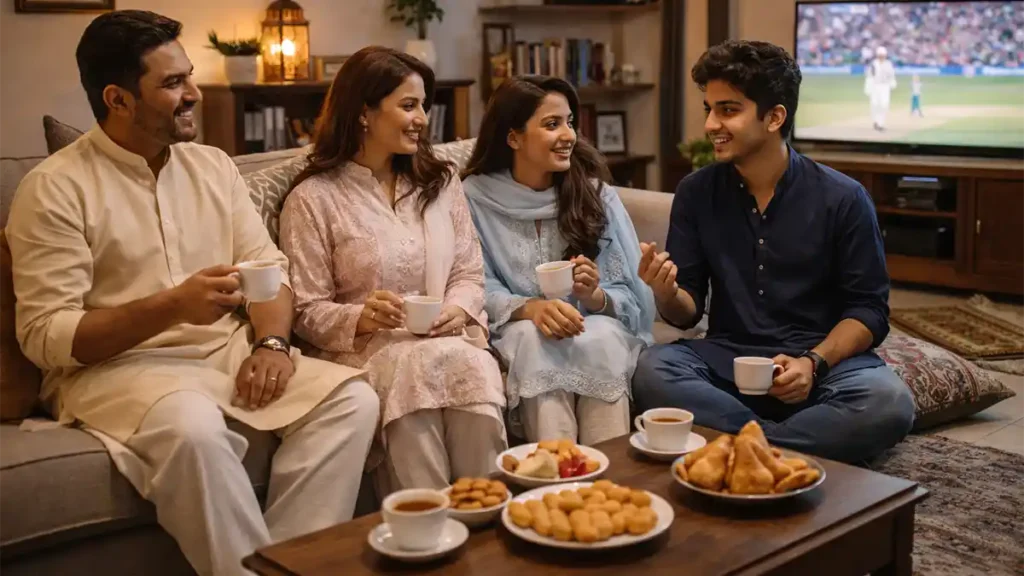 Modern Pakistani lifestyle at home with a family enjoying evening tea and snacks while watching cricket in a cozy urban living room
