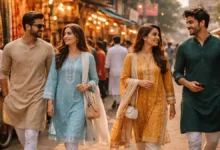 Modern Pakistani lifestyle in a busy Pakistani street with young adults wearing trendy shalwar kameez and pret fashion near a chai stall