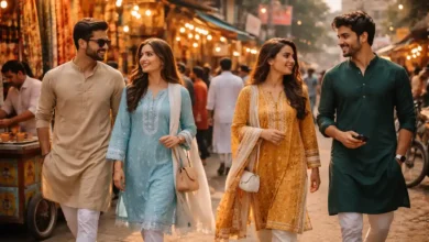 Modern Pakistani lifestyle in a busy Pakistani street with young adults wearing trendy shalwar kameez and pret fashion near a chai stall