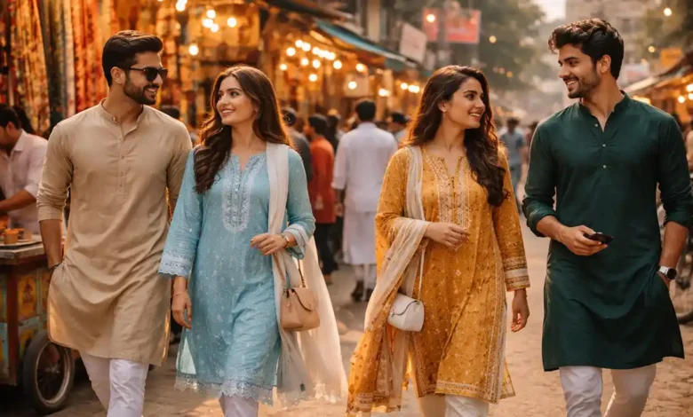 Modern Pakistani lifestyle in a busy Pakistani street with young adults wearing trendy shalwar kameez and pret fashion near a chai stall
