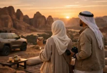 Stylish couple watching sunset in AlUla, Saudi Arabia, holding Arabic coffee and a camera with sandstone cliffs behind