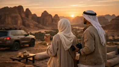 Stylish couple watching sunset in AlUla, Saudi Arabia, holding Arabic coffee and a camera with sandstone cliffs behind