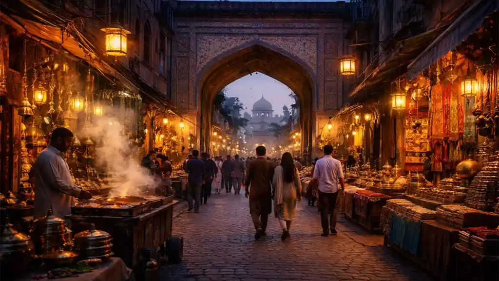 Lantern-lit Old Lahore bazaar under a Mughal archway with street food smoke and shoppers, representing Pakistan cultural heritage travel in 2026