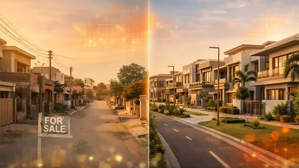 Side-by-side view of an older Pakistani neighborhood and a modern gated community street, showing real estate development and rising property values.