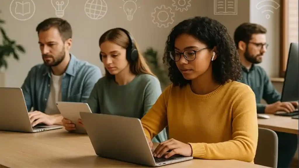 Students and professionals learning through online learning platforms to improve skills and career development.