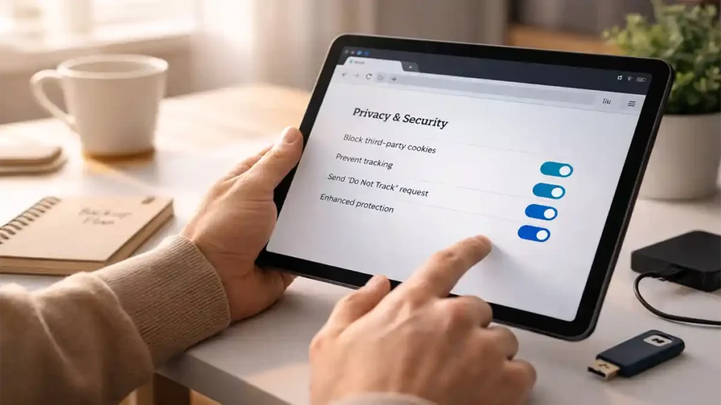 Person adjusting privacy and security settings on a tablet with an external drive and USB on a modern desk