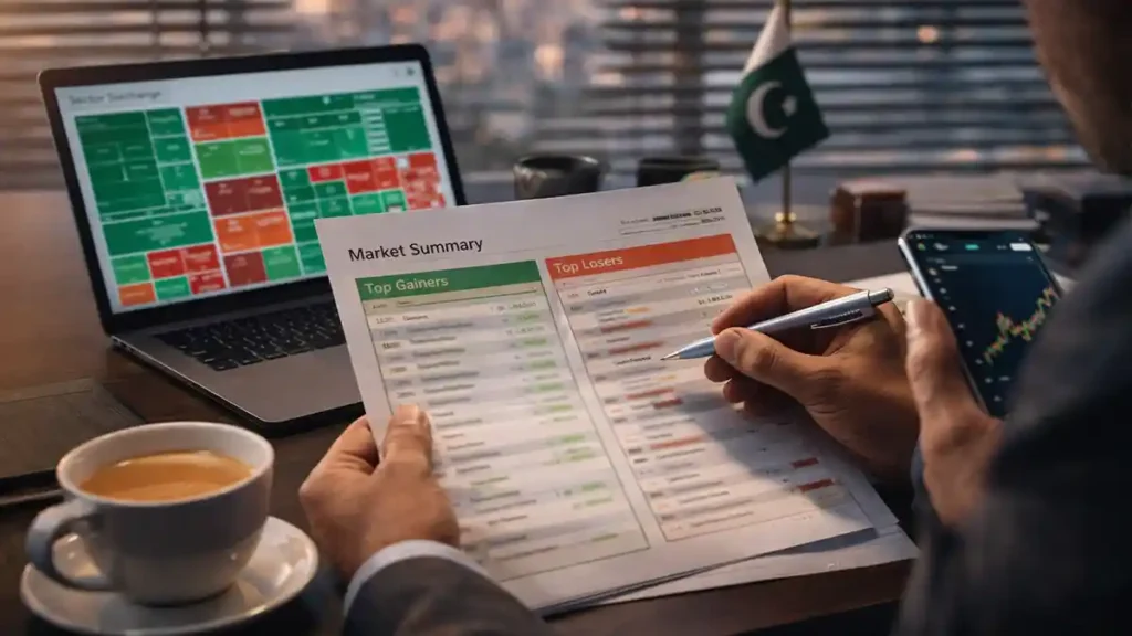 Business journalist reviewing Pakistan Stock Exchange weekly winners and losers report with sector heatmap and PSX index chart on desk in Karachi.