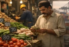 Pakistan economy explained showing market prices, a shopkeeper counting rupees, and trade activity representing inflation, jobs, and growth
