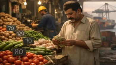 Pakistan economy explained showing market prices, a shopkeeper counting rupees, and trade activity representing inflation, jobs, and growth