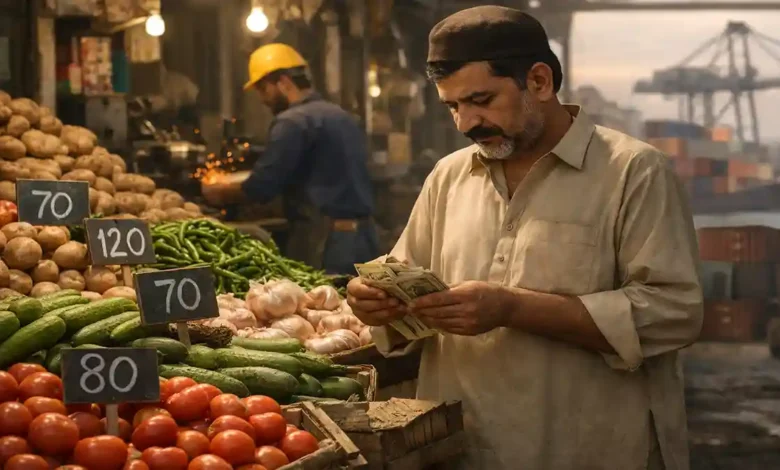 Pakistan economy explained showing market prices, a shopkeeper counting rupees, and trade activity representing inflation, jobs, and growth