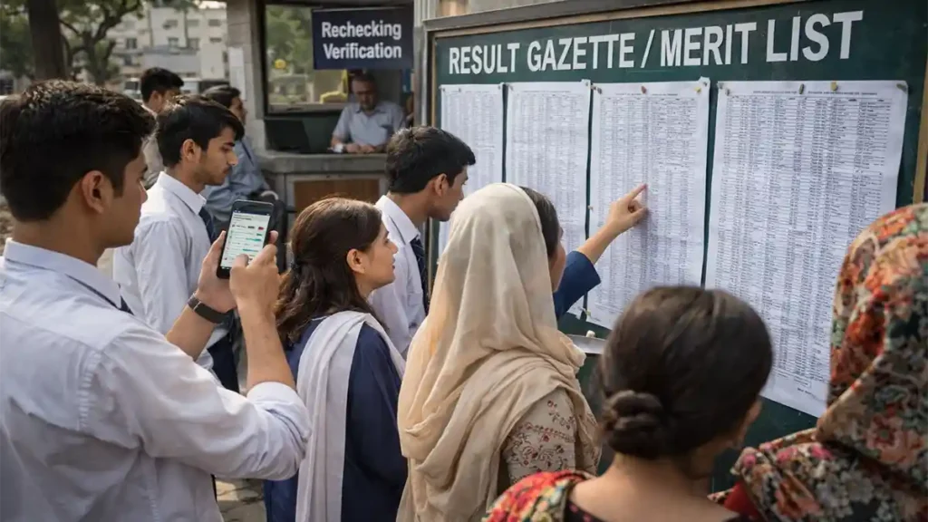 Pakistani students and parents checking the result gazette and merit list outside a board office, with one student viewing results on a smartphone.