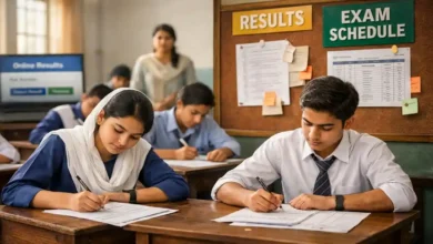 Pakistani students taking a board exam in a classroom with results and exam schedule notice board in the background.