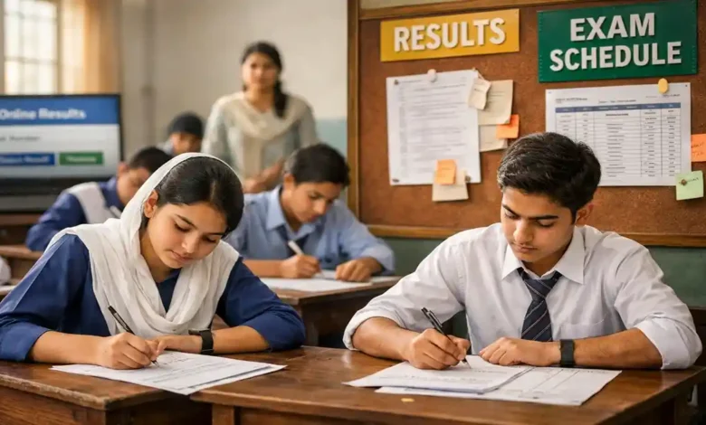 Pakistani students taking a board exam in a classroom with results and exam schedule notice board in the background.
