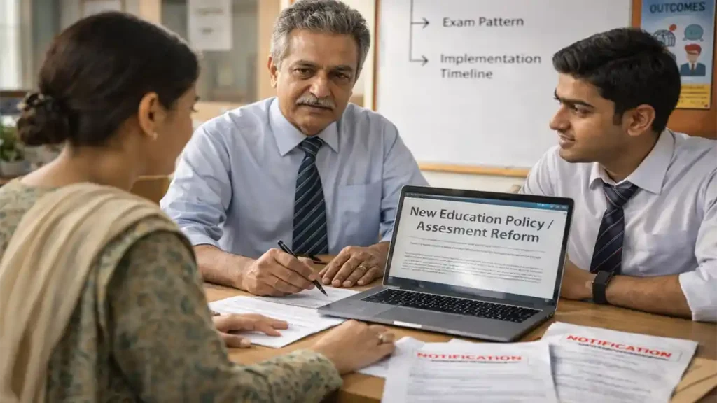 Pakistani school educators reviewing a new education policy and assessment reform document during a staff meeting.