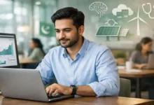 Young Pakistani professional working on a laptop in a modern coworking space with icons for AI, cloud, healthcare, and renewable energy.