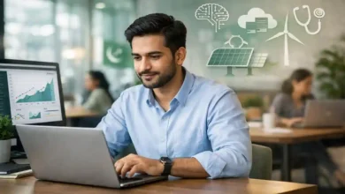 Young Pakistani professional working on a laptop in a modern coworking space with icons for AI, cloud, healthcare, and renewable energy.