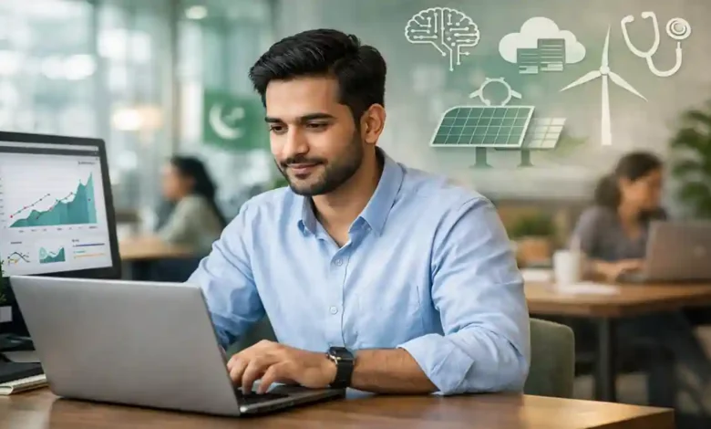 Young Pakistani professional working on a laptop in a modern coworking space with icons for AI, cloud, healthcare, and renewable energy.