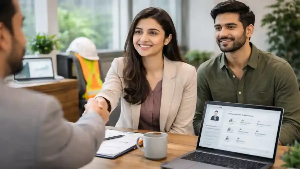 Pakistani job seeker shaking hands with an employer in a modern office, representing hiring trends and in-demand skills in 2026.