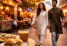 Stylish young Pakistanis in modern fusion outfits walking by a café table with chai and street food in Lahore at golden hour.