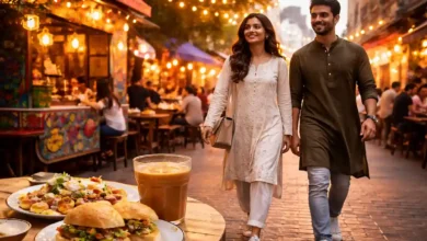 Stylish young Pakistanis in modern fusion outfits walking by a café table with chai and street food in Lahore at golden hour.