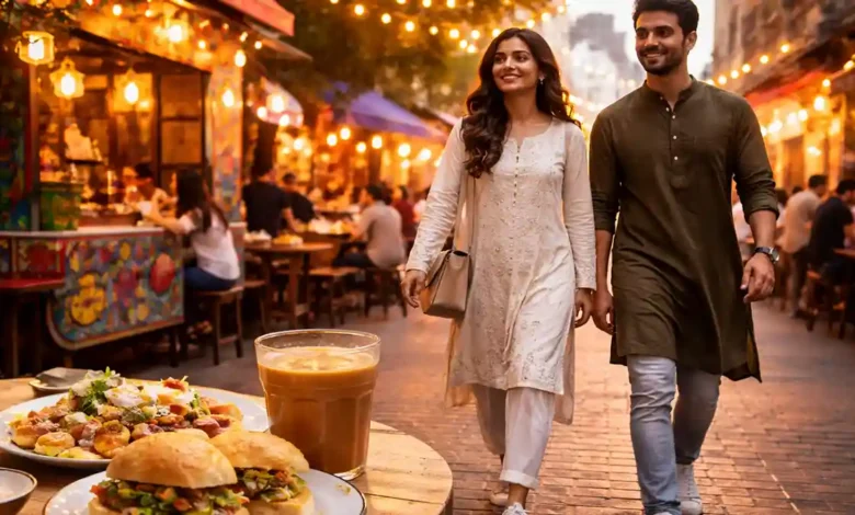 Stylish young Pakistanis in modern fusion outfits walking by a café table with chai and street food in Lahore at golden hour.