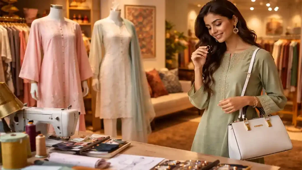 Pakistani woman browsing a modern pret boutique with mannequins, fabric swatches, and ajrak-inspired décor in Karachi or Islamabad.