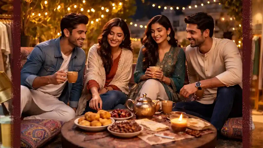 Friends enjoying a rooftop cultural night in Pakistan with chai, traditional snacks, string lights, and trendy fusion outfits.