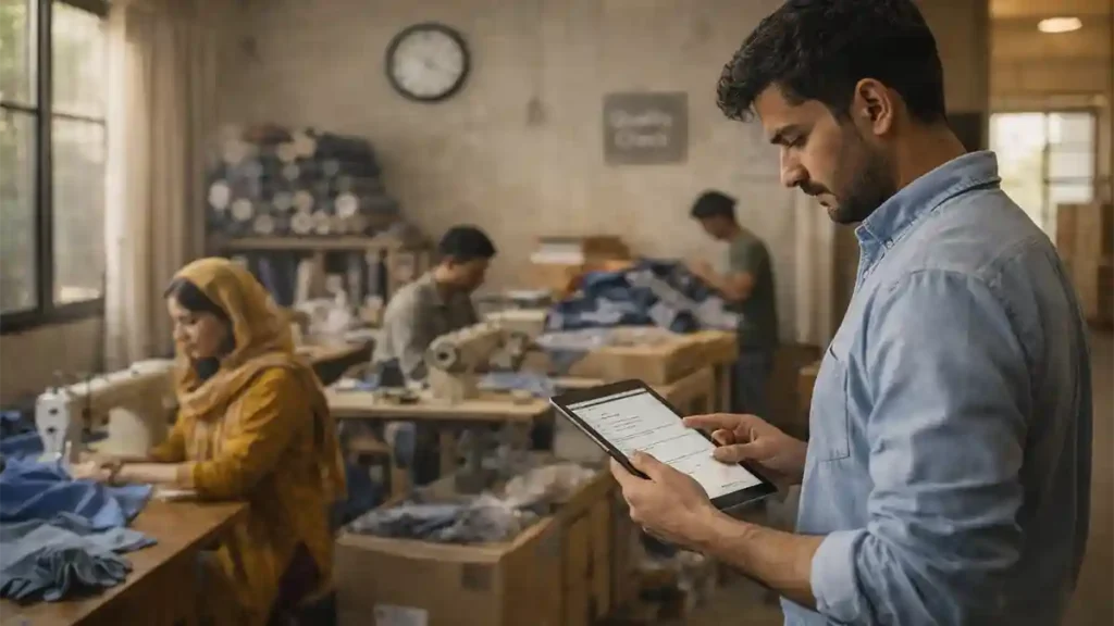 Pakistani garment workshop with a supervisor checking a production checklist on a tablet while workers sew and pack clothing, showing manufacturing jobs and economic growth.