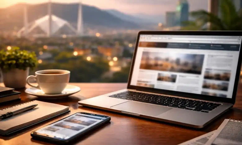 Pakistan news update today featured image showing a journalist’s desk with laptop, smartphone, chai and Islamabad skyline in the background