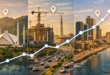 Split-view of Islamabad, Lahore, and Karachi skylines with an upward graph showing Pakistan real estate price growth trends.