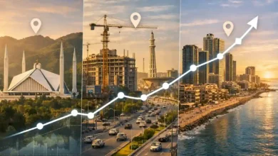 Split-view of Islamabad, Lahore, and Karachi skylines with an upward graph showing Pakistan real estate price growth trends.