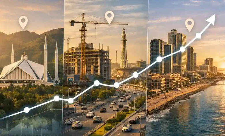 Split-view of Islamabad, Lahore, and Karachi skylines with an upward graph showing Pakistan real estate price growth trends.