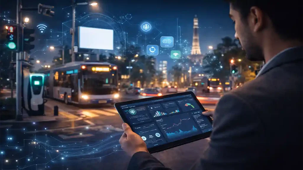 Engineer holding a tablet in a Pakistan smart-city street at night with IoT dashboards, AI data overlays, connected sensors, and modern urban tech infrastructure.