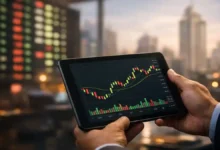 Trader holding tablet with PSX candlestick chart showing Pakistan stock market weekly winners and losers, with Karachi skyline in background.