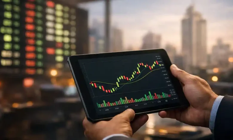 Trader holding tablet with PSX candlestick chart showing Pakistan stock market weekly winners and losers, with Karachi skyline in background.