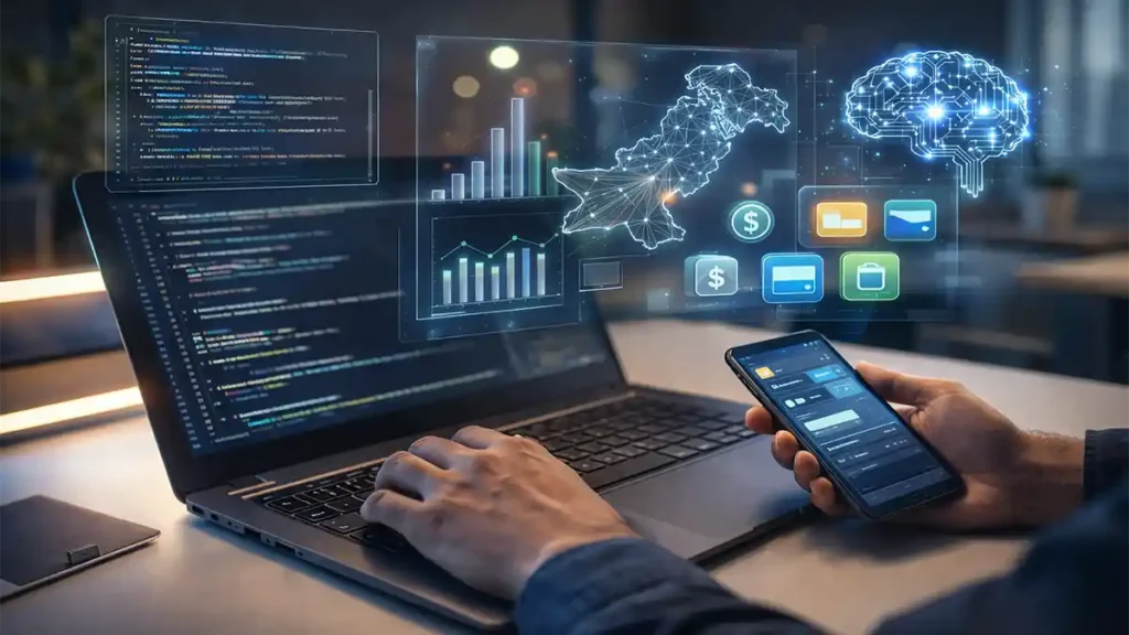 Close-up of a developer using a laptop and smartphone with holographic Pakistan network map, fintech icons, AI circuits, and startup growth charts.